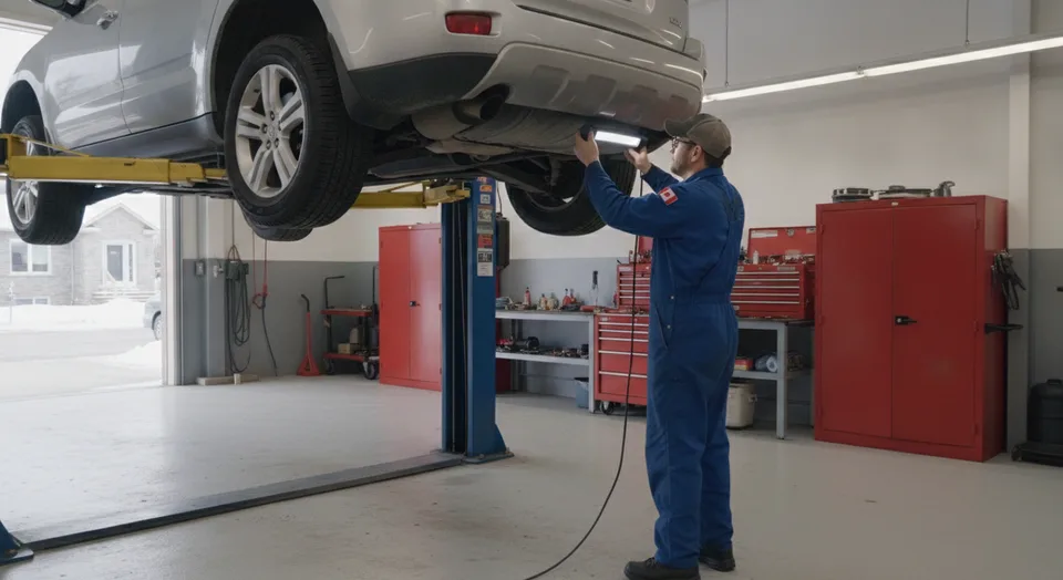 Licensed mechanic inspecting a car on a hoist in a Guelph auto repair shop